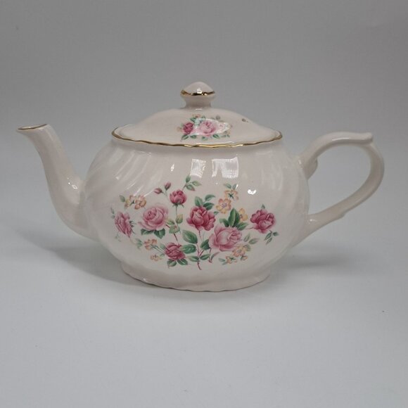 Arthur Wood & Son Staffordshire England Pink Rose Floral Gold Trim Teapot 6305 - Picture 1 of 11